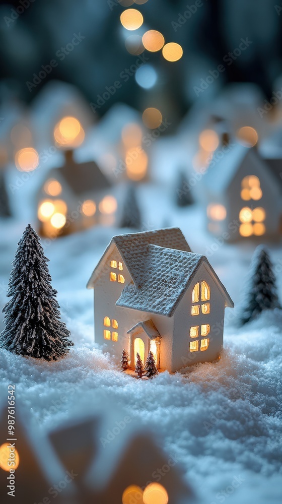 Cozy Christmas village with warm glowing lights and snowy rooftops Cozy Christmas village with warm glowing lights and snowy rooftops