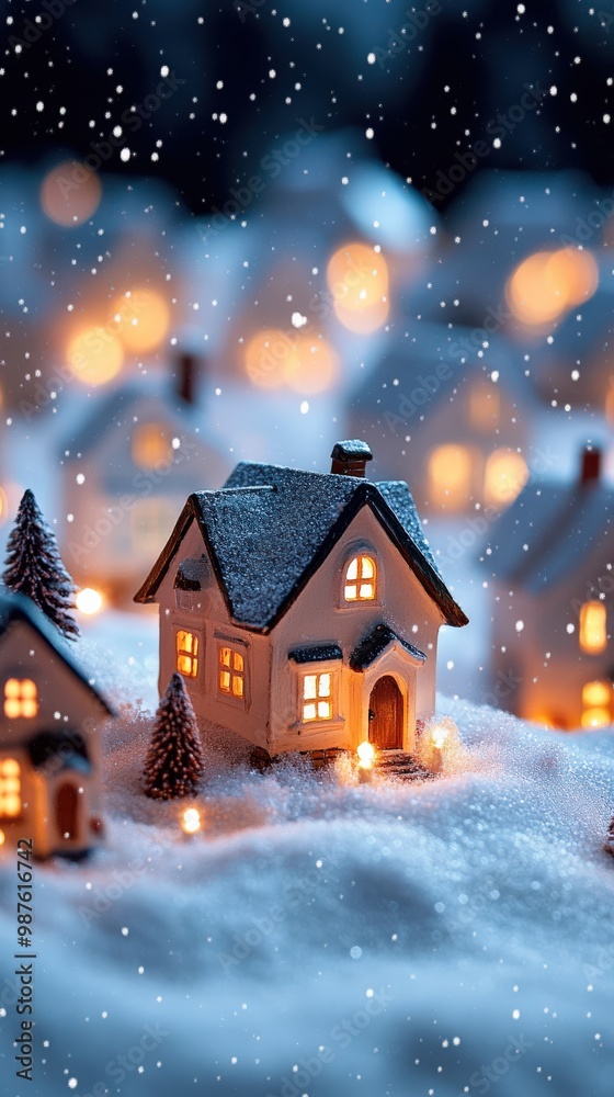 Fototapeta premium Cozy Christmas village with warm glowing lights and snowy rooftops