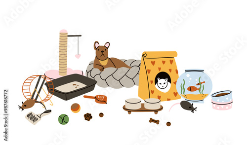 Pet animals accessories. Dog and cat house. Cage and bed. Food bows. Veterinary goods, toys. Veterinarian shop equipment. Canine and feline stuff. Fish aquarium. Grooming vector cartoon flat set