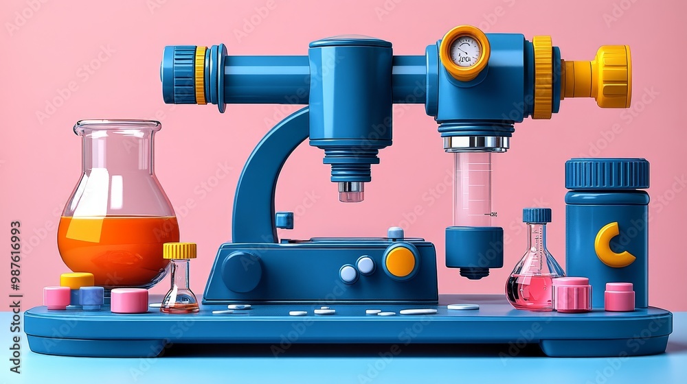 Fototapeta premium Colorful laboratory equipment with a microscope, flasks, and test tubes, perfect for science and education themes.