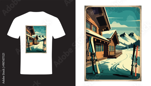 Retro 70s Ski Resort T-Shirt Design with Majestic Mountain Scenery