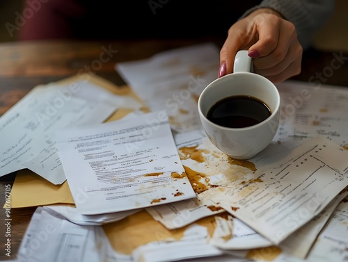 Cluttered Desk with Coffee Cup and Scattered Documents at Workplace photo