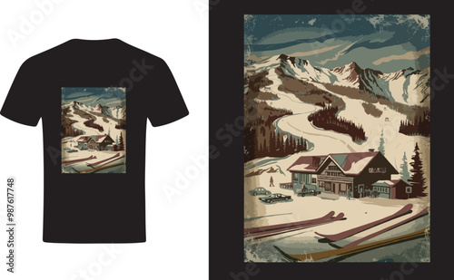 Retro 70s Ski Resort T-Shirt Design with Majestic Mountain Scenery