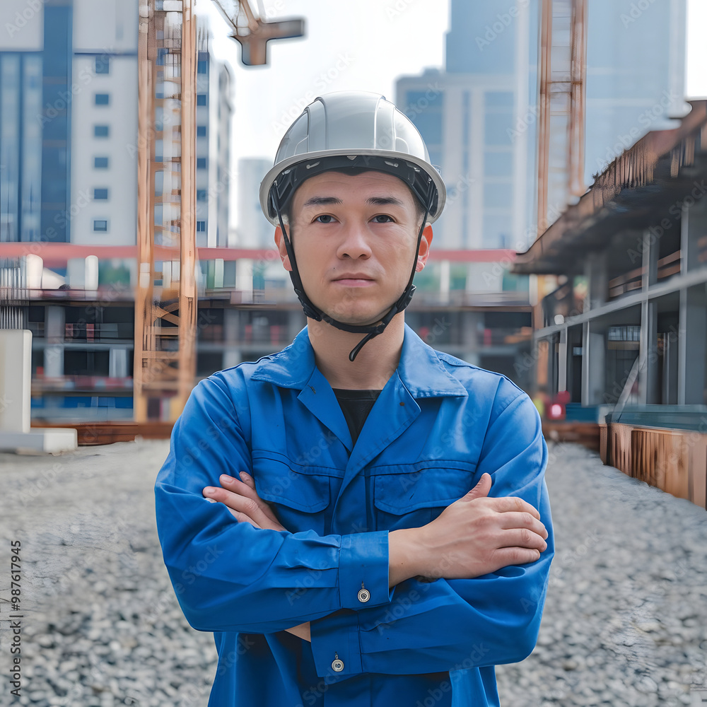 Asian male worker wearing a helmet and folding his arms. Asian male worker wearing a helmet and folding his arms.