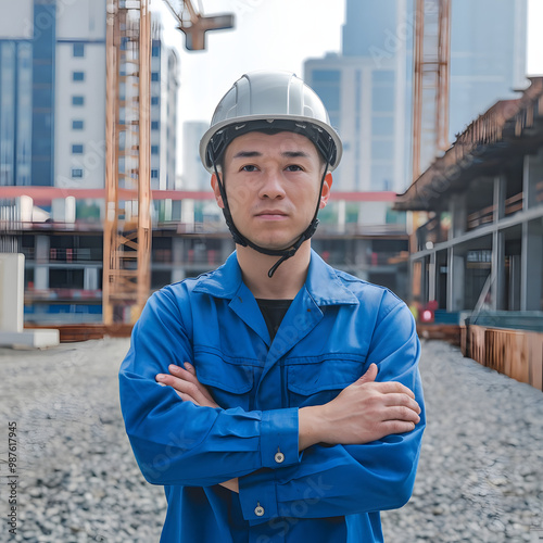 Asian male worker wearing a helmet and folding his arms. 