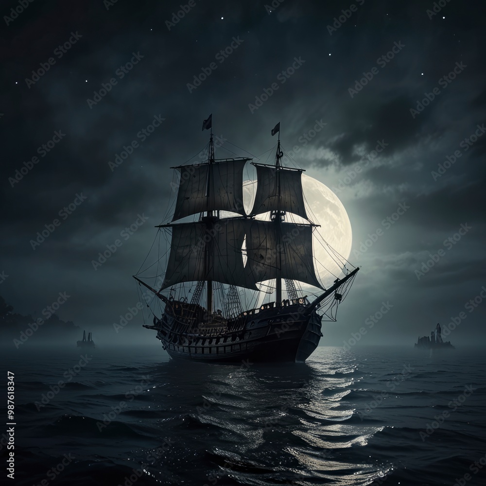 A medieval ship sailing in thick fog, illuminated by the moon, eerie and mysterious ambiance A medieval ship sailing in thick fog, illuminated by the moon, eerie and mysterious ambiance