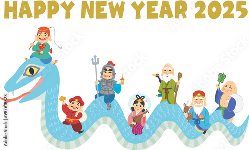 年賀状素材イラスト　巳年　七福神　HAPPY NEW YEAR