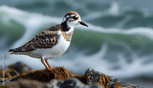 Ringed plover foraging along the rugged coastline of Noss Island, Scotland photo