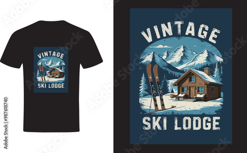 Retro 70s Ski Resort T-Shirt Design with Majestic Mountain Scenery