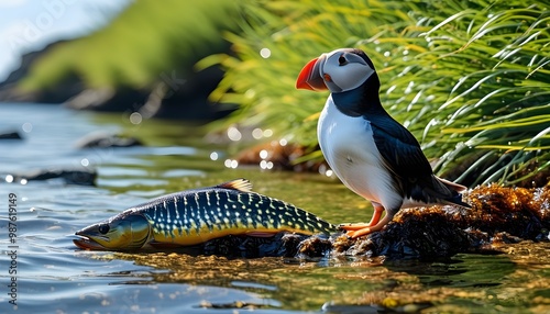 Atlantic puffin soaring with summer sand eels in its beak photo