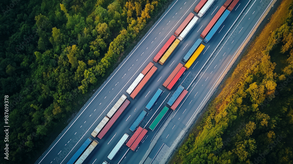 A truck convoy on a highway, representing the transportation link in a global supply chain