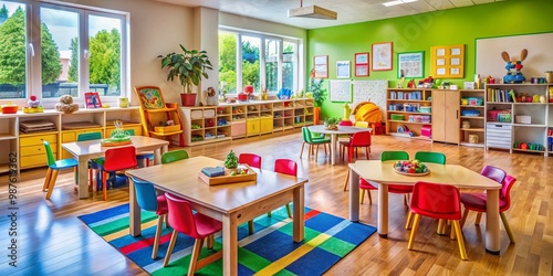 Colorful preschool classroom with educational toys and engaging learning materials for young children