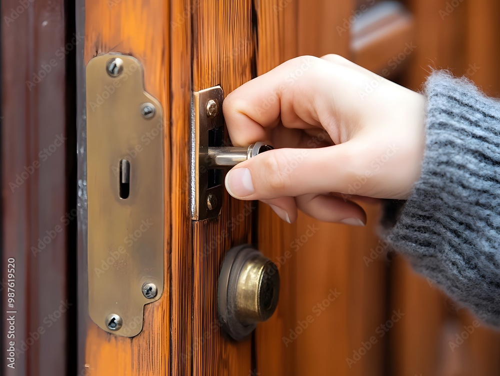 Obraz premium Hands Unlocking Wooden Door With Metal Lock And Key