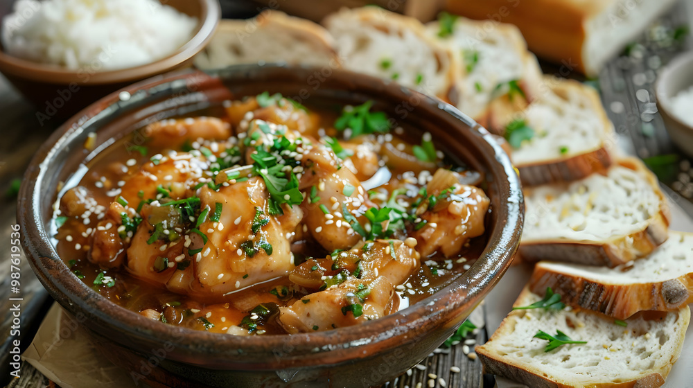 Chicken with Sesame Sauce and Bread A Delicious Asian Cuisine Chicken with Sesame Sauce and Bread A Delicious Asian Cuisine