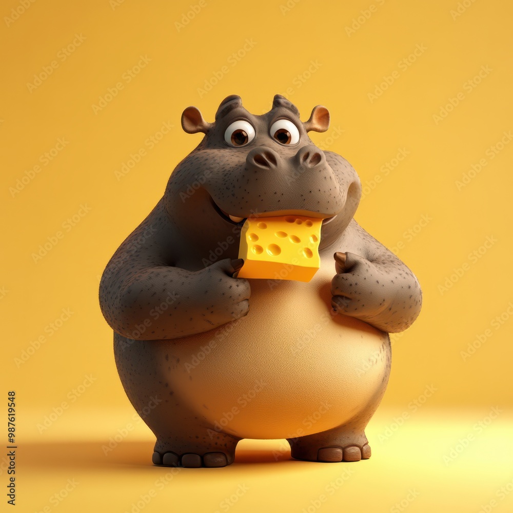 Naklejka premium 3d render of chubby hippopotamus eating cheese on light yellow background