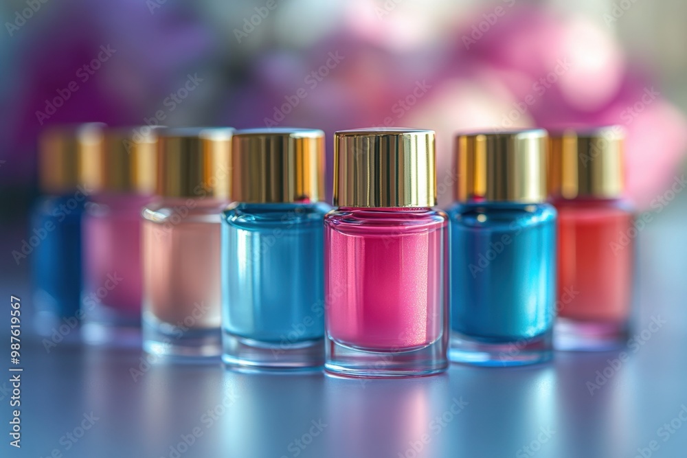 Several bottles of nail polish are lined up on a table Several bottles of nail polish are lined up on a table