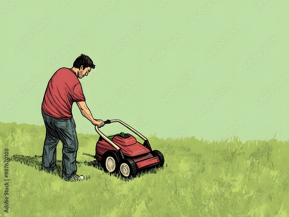 Fototapeta premium Man mowing the lush green grass in a peaceful countryside field
