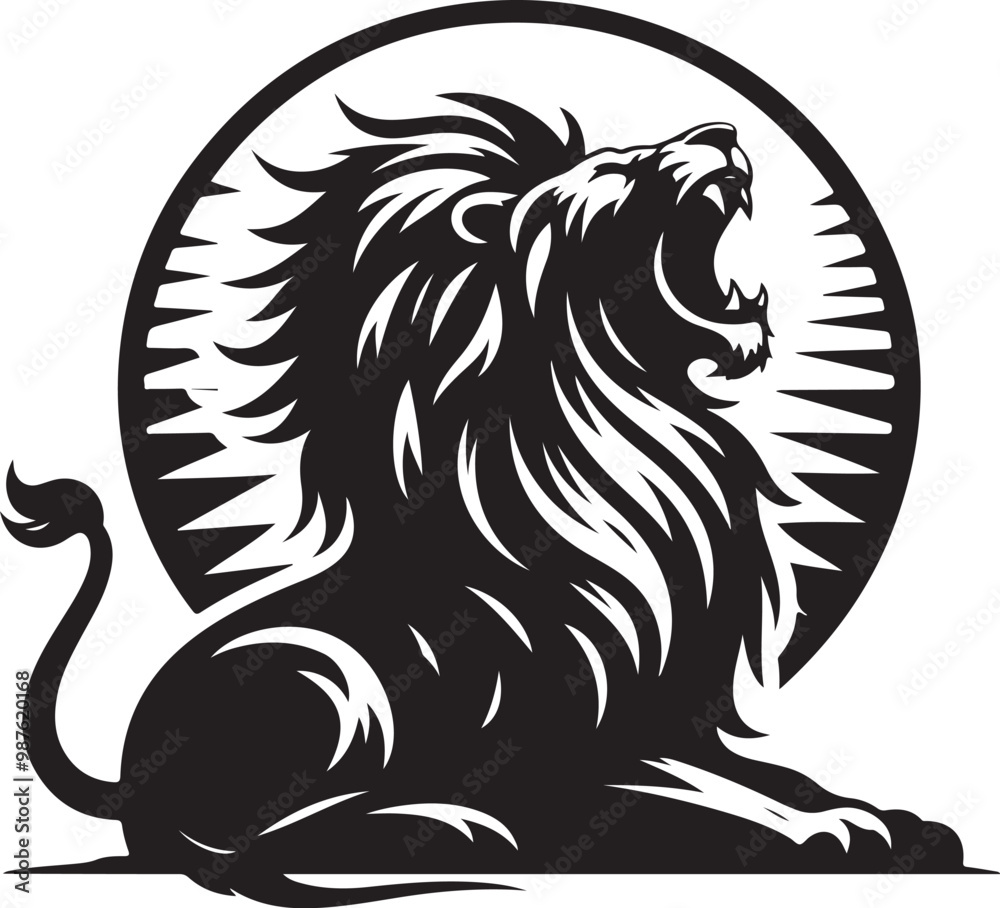 Stylized lion silhouette, roaring pose, black and white illustration