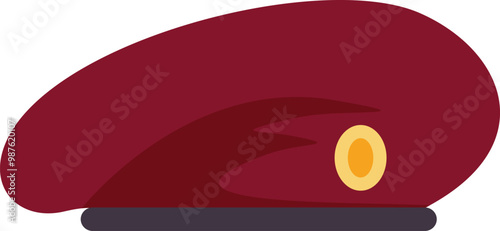 Maroon beret with a yellow metal cockade laying on white background, military headwear
