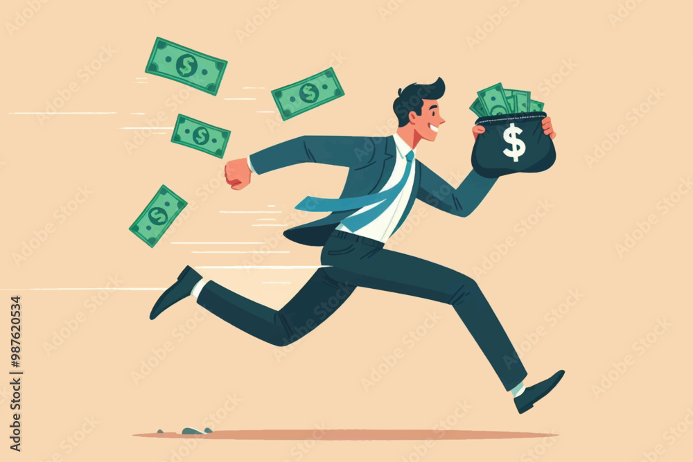 Fototapeta premium Happy successful businessman running carrying money bag and money scattered around him, symbol of financial success and wealth, money, bag, dollar,