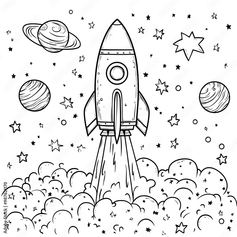 A whimsical rocket soaring through space amidst stars and planets, perfect for educational and creative projects. A whimsical rocket soaring through space amidst stars and planets, perfect for educational and creative projects.