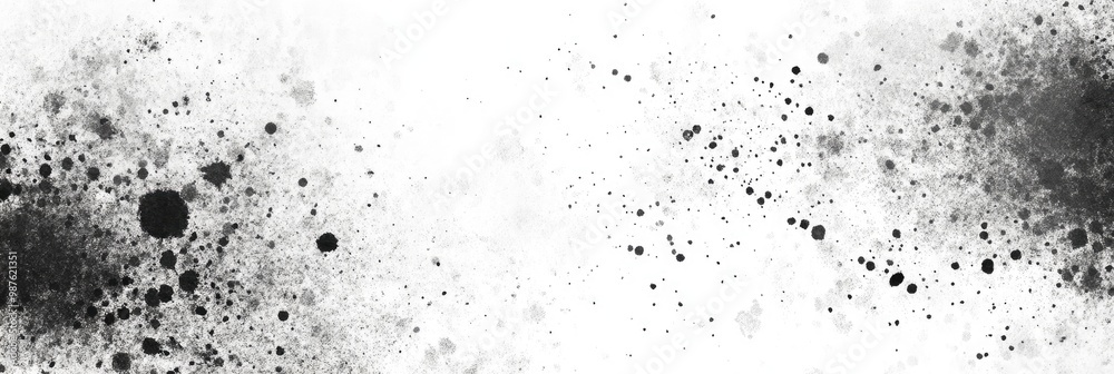 Obraz premium Abstract black and white splatter design with varying sizes and densities of ink spots.