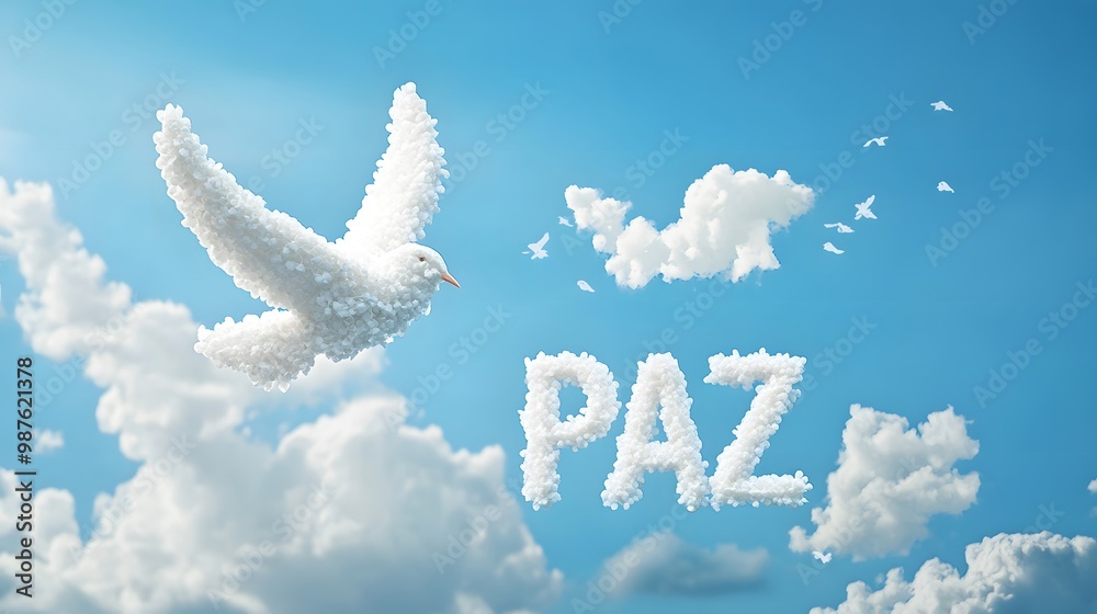 Naklejka premium White Dove Flying in the Blue Sky, with a Sign in Its Paws with the Word 