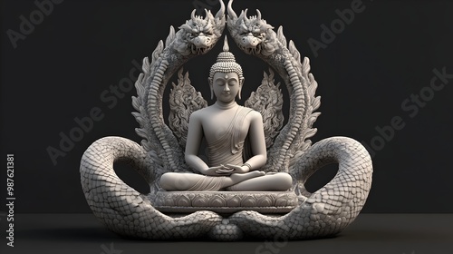 Naga Protected Buddha in Peaceful Meditation Seated Under the Serpent s Canopy 3D Rendered Flat Design of a Spiritual Mythological Scene photo