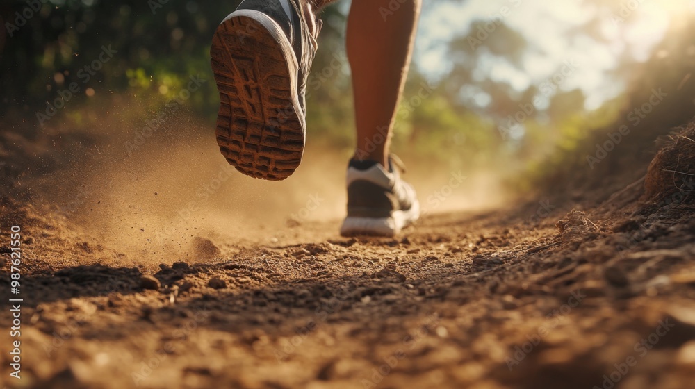 Naklejka premium Trail runner sport shoes swiftly Running on a dusty Trail, showing determination and speed