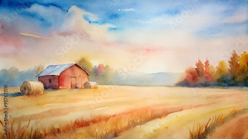 Watercolor painting of a barn in a golden field, sunrise sky, warm autumn colors, rural landscape