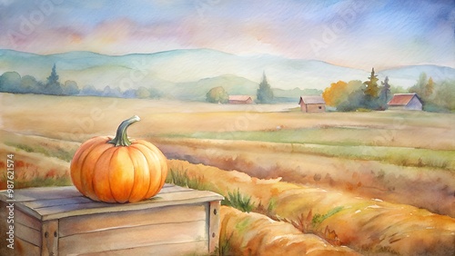 Watercolor painting of a pumpkin on a crate in a rural field, soft autumn tones, farm landscape