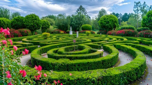 A Serene Garden Maze with Lush Greenery and Statues