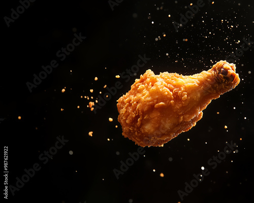 A crispy fried chicken drumstick appears to float against a dark background, surrounded by a sprinkle of seasoning or spice particles. photo