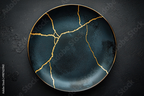Elegant black plate with gold-filled cracks, inspired by the Japanese art of Kintsugi, symbolizing beauty in imperfection and resilience through repaired breaks, embracing flaws.