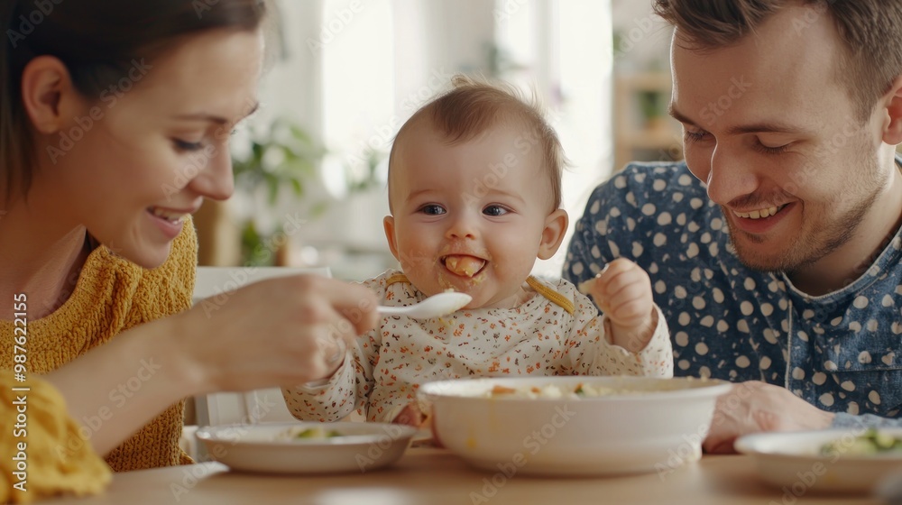 Feeding their baby, a young family engages in nurturing moments during mealtime. Feeding their baby, a young family engages in nurturing moments during mealtime.