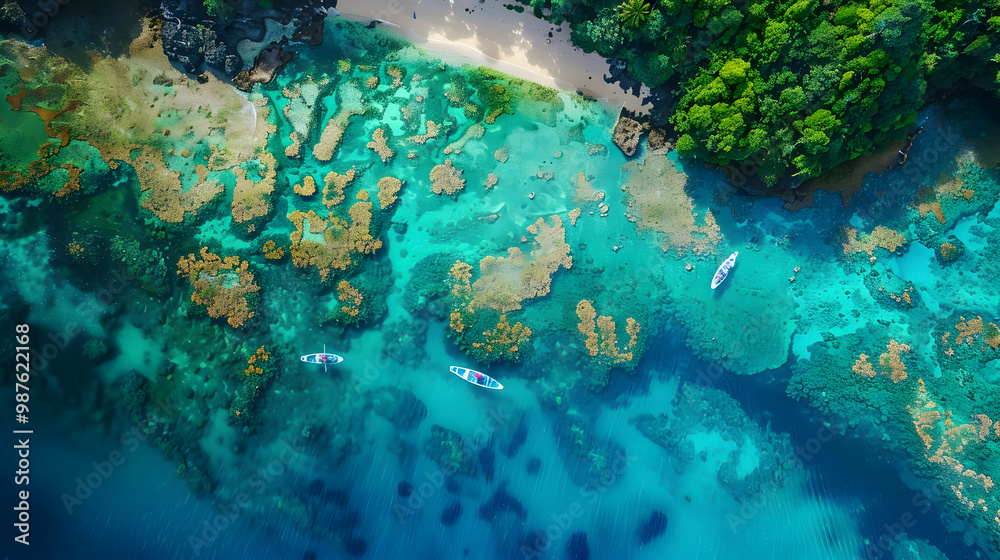 Aerial View of Tropical Beach with Kayaks and Coral Reef Aerial View of Tropical Beach with Kayaks and Coral Reef
