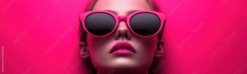 Woman with sunglasses on her face and a pink background Woman with sunglasses on her face and a pink background