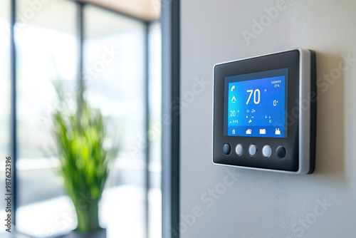 A smart thermostat with a blue digital display mounted on a wall, showing a temperature of 70 degrees Fahrenheit with various control options below the screen in a modern home setting.