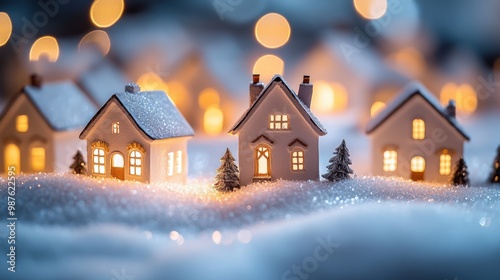 Cozy Christmas village with warm glowing lights and snowy rooftops