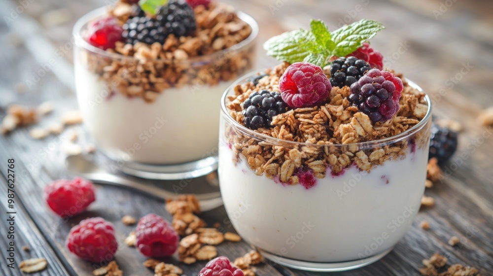 Fruit yogurt with a topping of granola and berries, offering a delicious and nutritious option. Fruit yogurt with a topping of granola and berries, offering a delicious and nutritious option.