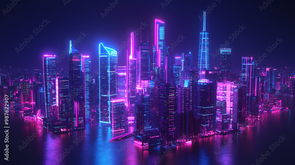 Fototapeta premium Neon night city of the future. night panorama of the city, neon light, lights of a large metropolis, high-rise buildings. 3d illustration. City at Night. Illustration