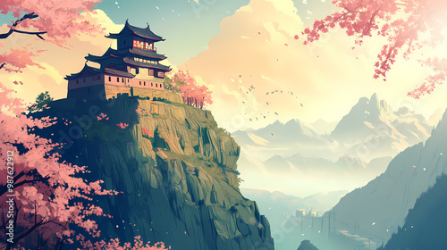 Japanese castle on a cliff with beautiful landscape with mountains in the background. Samurai Castle. Illustration photo