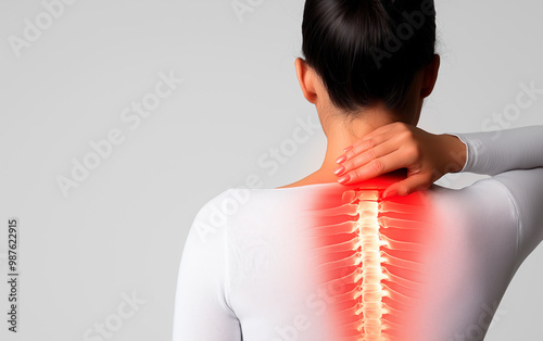 A person is shown with back pain, highlighted by a red area along the spine, indicating discomfort or injury in that region.