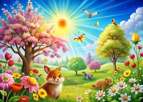 Colorful Spring Cartoon Illustrations Featuring Flowers, Trees, Animals, and Sunshine in Nature