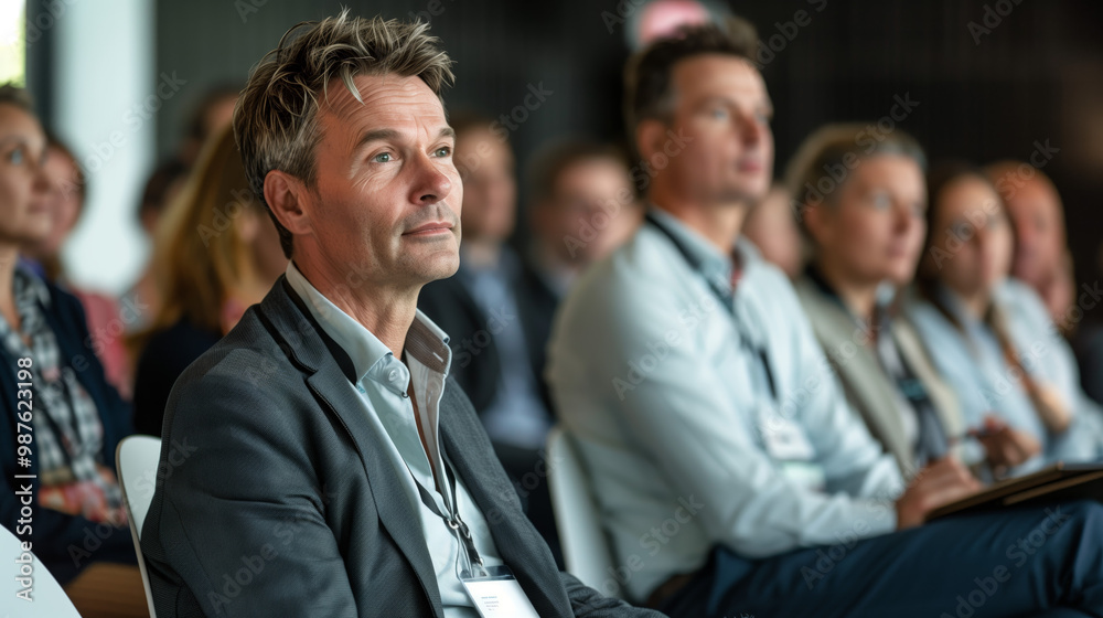 © Игорь Зубченко - Photo of a businessman sitting in the audience during a conference or town hall meeting. People attend a business presentation at a corporate event, © Игорь Зубченко - Photo of a businessman sitting in the audience during a conference or town hall meeting. People attend a business presentation at a corporate event,