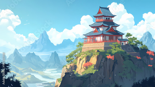 Japanese castle on a cliff with beautiful landscape with mountains in the background. Samurai Castle. Illustration photo