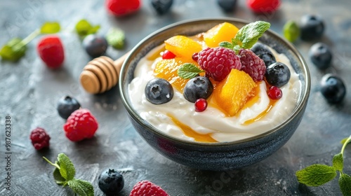 Greek yogurt with a dollop of honey and mixed fruits, combining sweetness and nutrition.