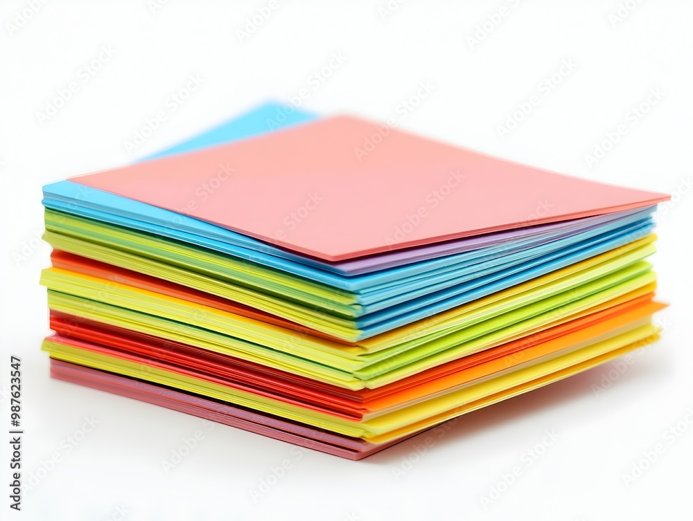 Neatly Stacked Pile of Colorful Index Cards on Clean White Background in Modernist Style Neatly Stacked Pile of Colorful Index Cards on Clean White Background in Modernist Style