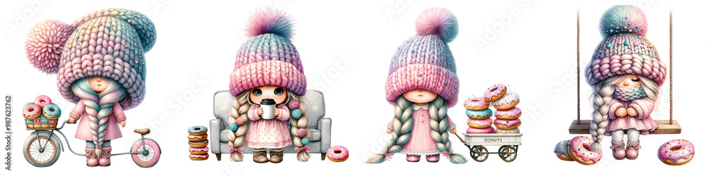Fototapeta premium Four whimsical characters with oversized knitted hats and playful expressions, each accompanied by sweet treats like donuts and baskets.