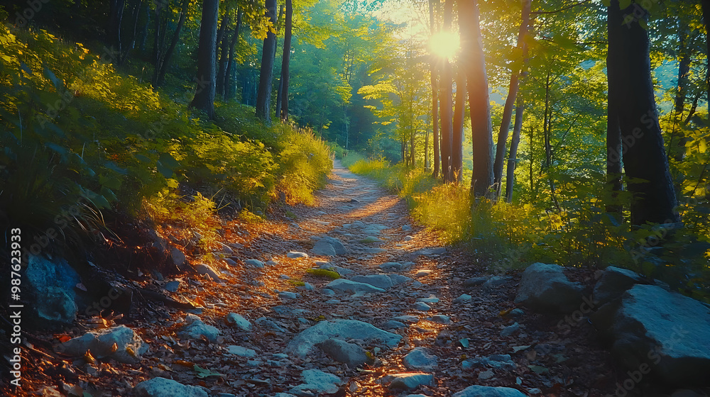 Obraz premium Sunlit Forest Path with Stone Pathway - Illustration